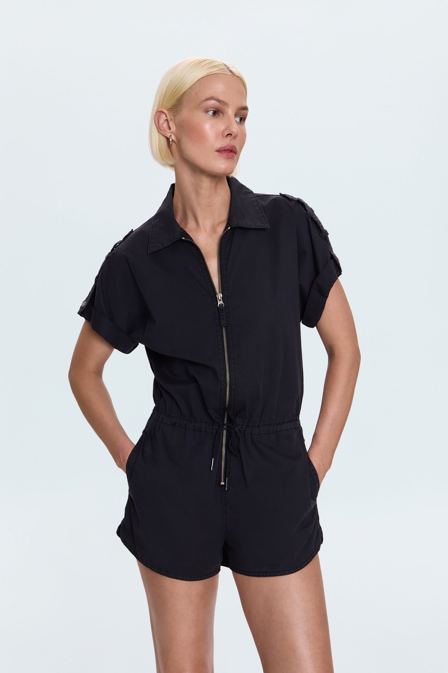 Meg Zip Front Romper - Fade to Black